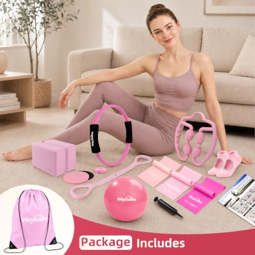 12 PCS Pilates Kit for Home Workouts,Pink Pilates Set with Yoga Block | Pilates Equipment Set for Women, Yoga Kit with 14" Ring Ball,Bands, Ankle Cuffs,Cellulite Massager,Portable Pilates for Gym