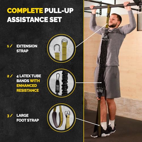 Pull Up Assistance Bands Set with 4 Levels, Adjustable Strap and Foot Rest | 50–200 lb stackable pull-up assistance, nylon-sleeved bands, adjustable support, reduced snap-back risk - color: Military Green