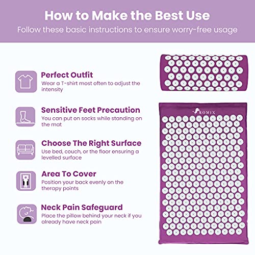 ROMIX Acupressure Mat and Pillow Set, Acupuncture Mat for Back Pain, Neck, Shoulder Pain Relief, Stress Reduction, Wellness Therapy, Cushioned Acupressure Mats with Carry Bag for Men and Women - color: Purple
