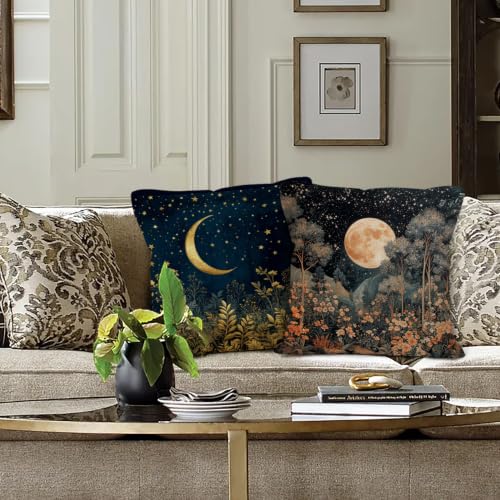 Vintage Floral Moon Throw Pillow Covers 18x18 Home Decor Set of 2 | Dark Cottagecore Celestial Wildflower Botanical Decorative Pillow Covers for Home Bedroom Living Room Decor - color: Moon