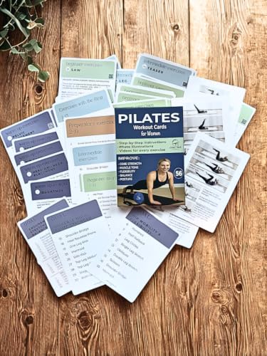 56 Pilates Cards- Use with Magic Circle - 40 Exercises Pilates Workout Cards with the Ring and Ball - Detailed Photos and Video Instructions - Equipment Optional. (56 Pilates Cards with Equipment)