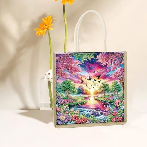 JZHYOAN Landscape DIY Diamond Painting Canvas Tote Bags Package Portable Reusage Handmade Shopping Storage Package DIY Diamond Art Tote Bag Kit Gem ArtTote Bags with Diamonds for Adult Family