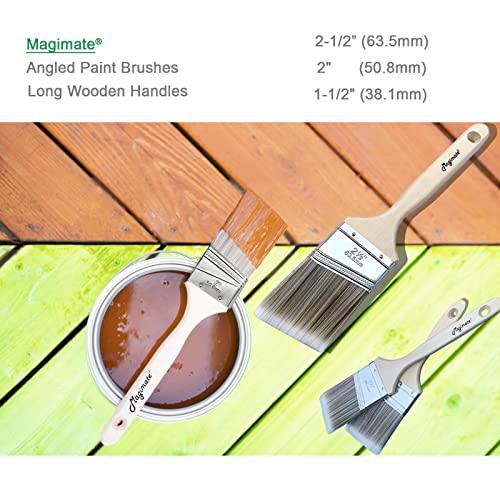 Magimate Wood Paint Brush Set, Angled Flat Assorted Stain Brushes Pack of 5 | Variety paint brushes 1.5" 2" 2.5" angled + 1" 2" flat; for baseboards fence window frame cabinet wood stain & wall touch-ups