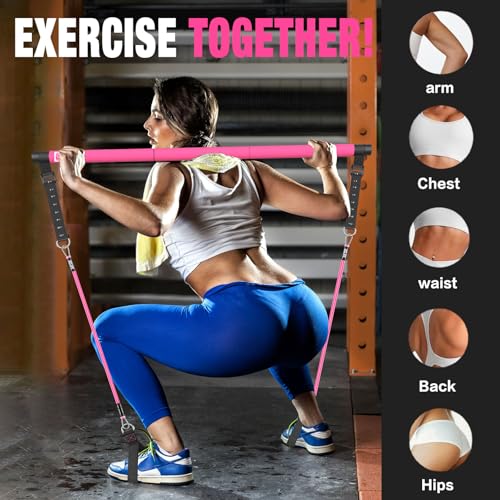 Bbtops Pilates Bar Kit with Resistance Bands,Pilates Bar with Stackable Bands Workout Equipment for Legs,Hip,Waist and Arm,Exercise Fitness Equipment for Women & Men Home Gym Yoga Pilates - color: Hot Pink