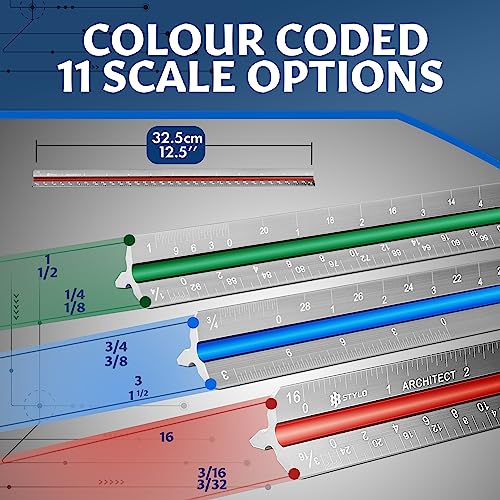 Stylo Architectural Scale Ruler, 12 Inch Aluminum, Grey Imperial | Laser Etched Triangular Drafting Scale, Color Coded Grooves, for Blueprints and Floor Plans, Cloth Pouch Included - color: Grey, size: 12 inch (Imperial)