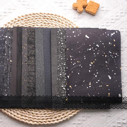 15Pcs Handmade Scrapbook Art Paper Craft Textured Paper Colorful A5 sheet Mesh Special Mix for Scrapbooking Junk Journal Journaling Supplies DIY Materials,5.8x8.2 inches (Black)