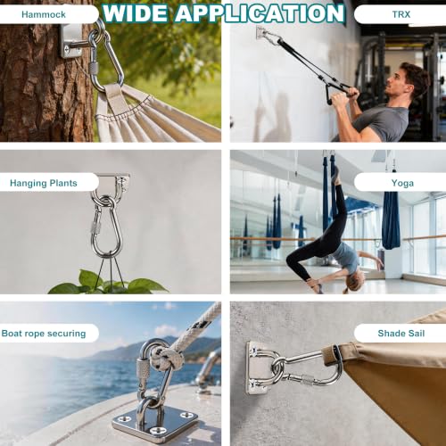 304 Stainless Steel Pad Eye Snap Hooks, 1500LBS Heavy Duty Ceiling Hook, M8 | Hanging Kit with Locking Carabiner, Pad Plate Hooks for Hammock, Chair Swing, Plant,Sun Shade Sail, Marine Boat, Yoga, RXT - color: Silver Square, size: M8