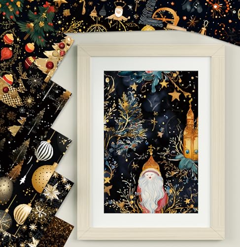 6x6 Scrapbook Paper Pad - Black Gold Christmas 160gsm Heavyweight Cardstock, 24 Pcs Vintage Santa & Reindeer Decorative Paper for Holiday Cards, Junk Journal & DIY Crafts - color: R2462 - 6×6