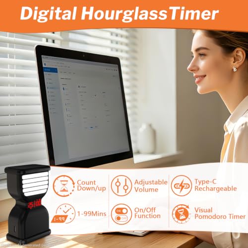 Pomodoro Timer for Productivity, Visual Digital Hourglass Timer | 5/25Min Preset, Custom Countdown Count-up, On/Off, Loud Alarm Mute, Rechargeable Flip Timer for ADHD Tool Study Work Kitchen - color: Black