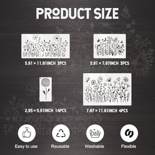 24 Pcs Stencils for Crafts Reusable, Floral Painting Templates - Flower, Leaf, Branch Botanical Nature Designs for DIY Wood Canvas Wall Card Scrapbook Decor - color: flowers
