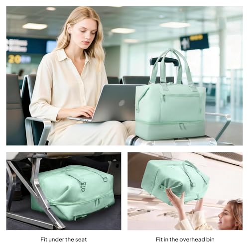 Travel Duffle Bag for Women, 40L Weekender Bags Airline Approved Carry On with Shoe Compartment & Waterproof Wet Pocket, Durable Nylon Weekender Overnight Bag for Travel, Gym, Business Trip, Green - color: Green