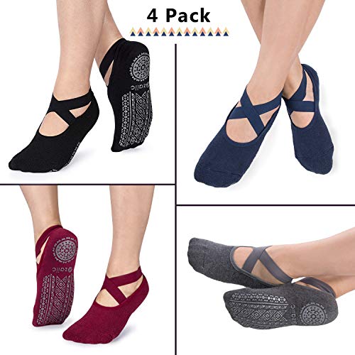 Ozaiic Pilates Socks for Women Non Slip Grip Yoga Barefoot Indoor Workout - color: 4 Pairs - Black/Navy/D.gray/ Burgundy