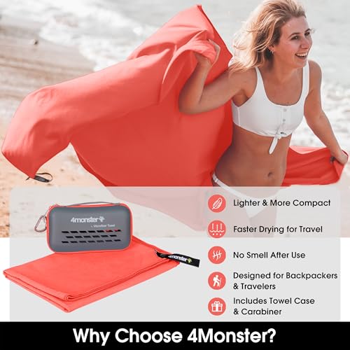 4Monster Quick Dry Travel Towel with Case & Carabiner – Super Absorbent Microfiber Gym & Camping Towel. Compact, Lightweight, Fast Drying for Beach, Swimming, Hiking, Backpacking - color: Brickred, size: 71.00" x 35.00"
