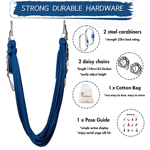 5.5 Yards Aerial Silks Yoga Swing Set - Aerial Yoga Hammock Kit Anti-Gravity Flying for Fitness, Low/Non Stretch Nylon Tricot Fabric Hardware Included for Dance - color: NAVY