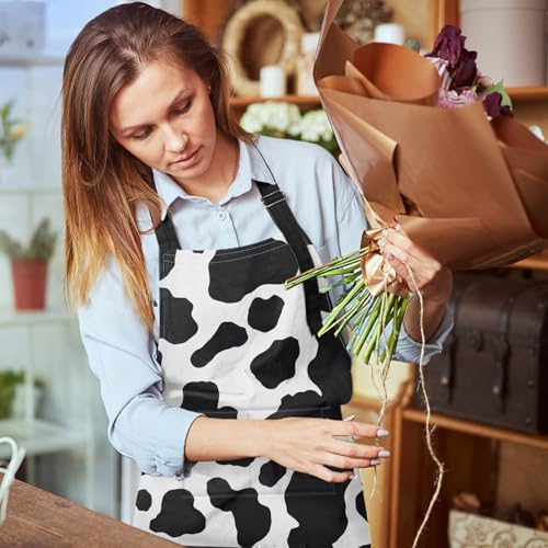 Apron with Pockets, 32x28 inch, for Women Men, Black White Cow | Spots Dalmatian Animal Milk Waterproof Adjustable Bib Aprons for Kitchen Cooking Baking Painting Gardening - color: Cow Spot