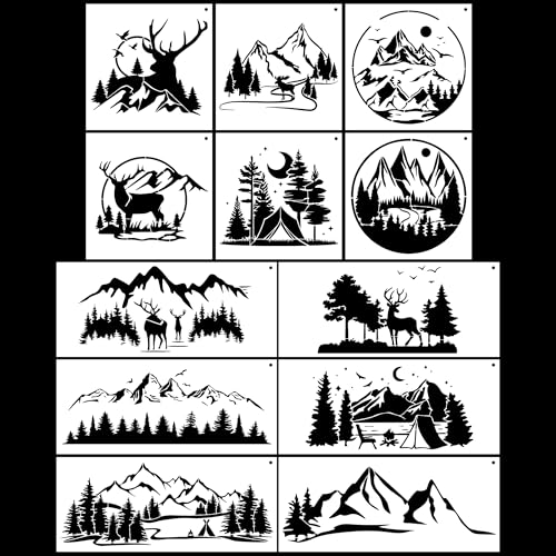 Keluna Forest Wood Burning Stencils - 12 Pcs Mountain Forest Stencils for Painting on Wood, Reindeer Forest Wall Stencils for Painting Large Pattern - style: mountain scenery