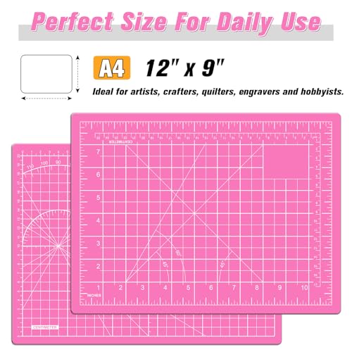 DIYSELF 9in×12in Cutting Mat, A4 Self Healing Craft Mat for Sewing | A4 Pink Cutting Mat for Fabric, Quilting and Scrapbooking, 5-Ply Double-Sided Craft Cutting Board with Grid and Angle Lines - color: Pink, size: 12"L x 9"W