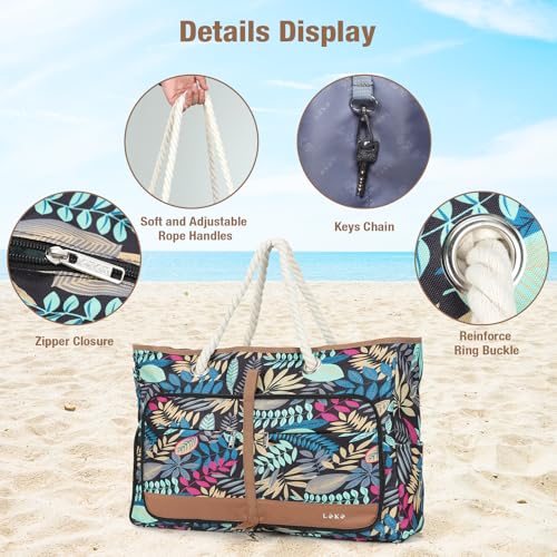 Beach Bag for Women - 35L Large Tote Bag, Waterproof & Sandproof, Zippered Carry On Bag for Pool, Beach & Travel - color: Blue Jungle