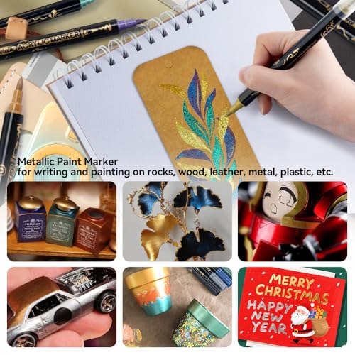 TRANSON 12Colors Metallic Paint Markers Bold and Brush Dual-tip for Rock Wood Ceramic Canvas DIY Painting Drawing - color: 12 Metallic Colors