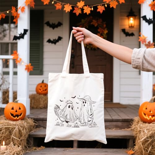 Kazova Halloween Tote Bag Funny Chicken Ghost Canvas Bag For Women Cotton Halloween Trick Or Treat Tote Handbag Reusable Grocery Shopping Handbag With Shoulder Inner Pocket - color: Chick
