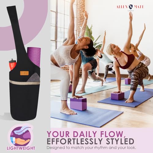ALLEN & MATE 100% Cotton Canvas Yoga Mat Bag, Fits Mats up to 72 In Long and 7.5 In Thick, Wide Shoulder Strap, Zip Pocket, Blue Stripe - color: Black