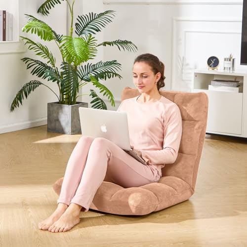 Folding Floor Gaming Chair 14-Poistion Cushioned Adjustable Floor Lazy Sofa Chair w/Breathable Cotton & Skin-Friendly Flannel for Adults & Kids Perfect for Reading Gaming Meditating, Camel - color: Camel