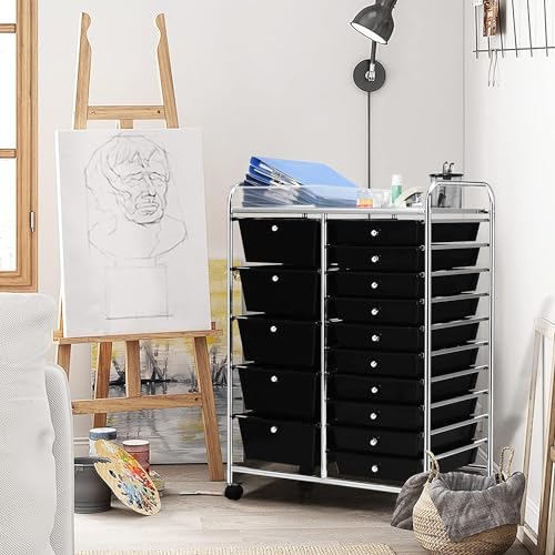 LDAILY 15 Drawer Rolling Storage Cart, Rolling Cart with Drawers for Classroom, Art Supply Craft Organizer on Wheel with Metal Frame & Handles for Home Office School - color: Black, size: 15 Drawer