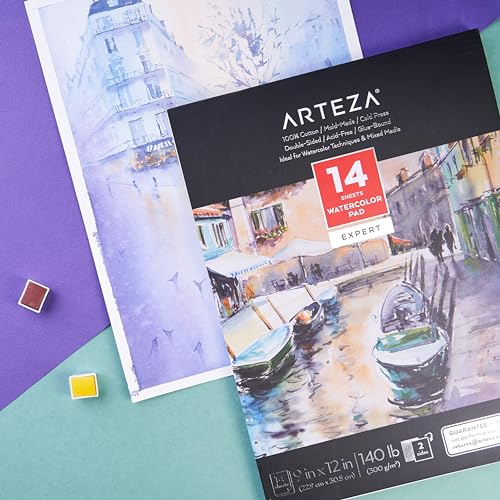 ARTEZA Watercolor Paper, 14 Sheets, 9x12 Inches Watercolor Pad, 140lb/300gsm, 100% Cotton, Double-Sided, Cold Press, Acid Free Art Paper - style: 14 Sheets (Double Sided)