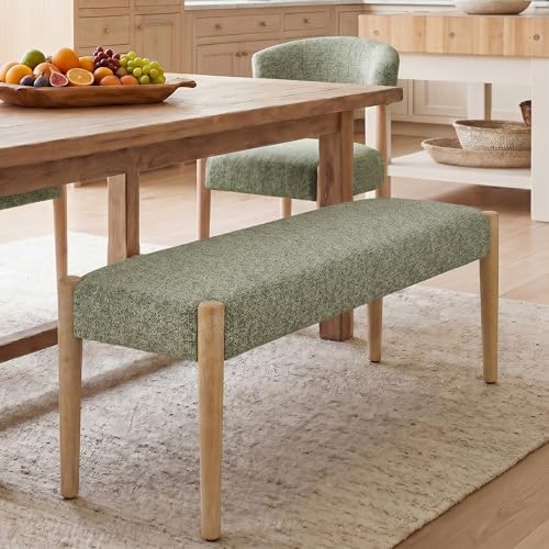 Usaint 42" End of Bed Bench with Wood Legs, Green with Oak Leg | Modern Upholstered Bedroom Bench with Rubberwood Legs, Entryway Bench with Cushion, Dining Bench for Living Room, Bedroom - color: Green With Oak Leg