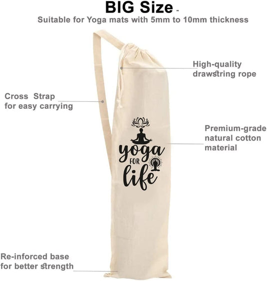 Mayatra's Organic Large Yoga Mat Tote Bag Cover -100% Cotton Lightweight,Washable Yoga Dust Bag With Adjustable Strap Unisex - color: Life