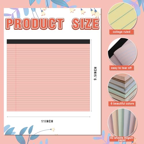 Lincia 6 Pcs Legal Pads Landscape Notebook, Cute Color | 11" x 9.5" College Ruled Notepad,Horizontal Lined Notebook, 40 Sheet, 80 Gsm, Assorted Colors Paper, Pastel Writing Pad - color: Cute Color