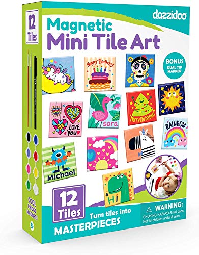 Magnetic Mini Tile Art - DIY Craft Kit; Design and Paint Magnet Tiles - Kids Paint Arts & Crafts Project; Includes 12 Tile Magnets, 8 Paint Colors, 2 Brushes and Marker; Fun Ceramic Tile Painting Kit