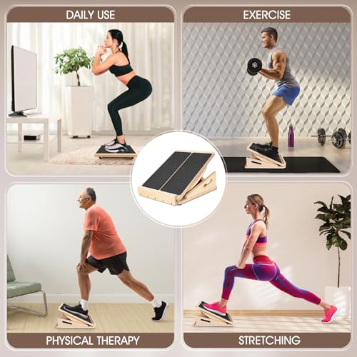 2-in-1 Professional Wooden Balance Board & Slant Board, Four Adjustable Incline Board and Calf Stretcher, Stretch Board for Knees Ankle Heel Feet Leg