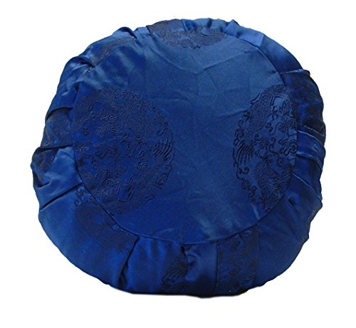 Zen Zafu Sitting or Meditation Cushion with Silk Brocade Cover, Blue - color: Blue