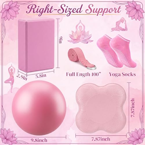 9 Pcs Yoga Set with EVA Foam Yoga Blocks Brick Tpe Cushion Knee Pads Strap Non Slip Socks Sport Ball Drawing Bag, Portable Fitness Equipment for Studio Gym Home Sport - color: Pink