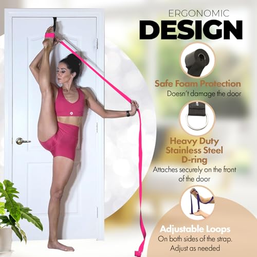 Pilates Stretching Strap with Door Anchor for Flexibility Training | Improve Leg Flexibility, Core Stability and Posture Alignment - Ideal for Pilates, Stretching, Mobility and Home Workouts - color: Pink