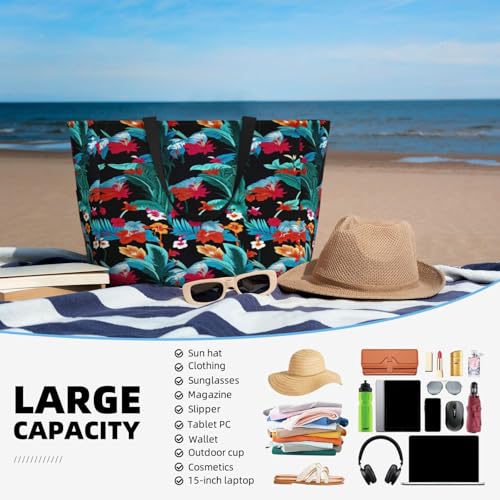 Large Beach Bag for Women Waterproof Foldable Travel Shoulder Tote Bag with Pocket for Weekender Pool Vacation - color: Tropical Black
