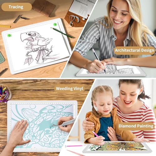 YINGWOND A4 Rechargeable Light Pad with Carry Bag,9000LUX Tracing Light Box Built-in 4000mAh Battery,Side Physical Buttons Magnetic Light Board for Diamond Painting Art Weeding Vinyl Drawing - style: Rechargeable A4 White with Bag