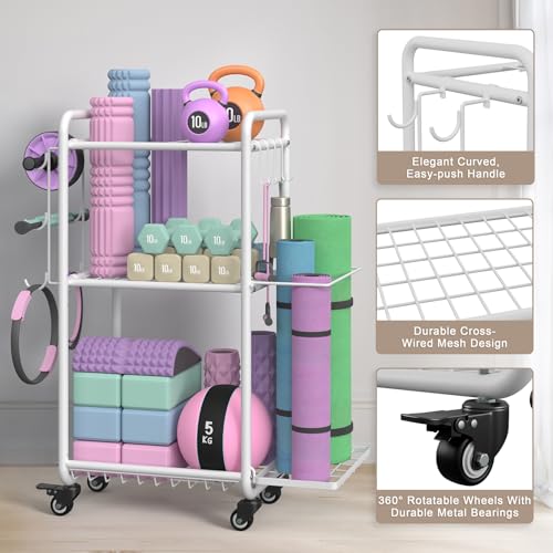 Multi-Functional Home Gym Storage Rack with Wheels and Hooks - color: White