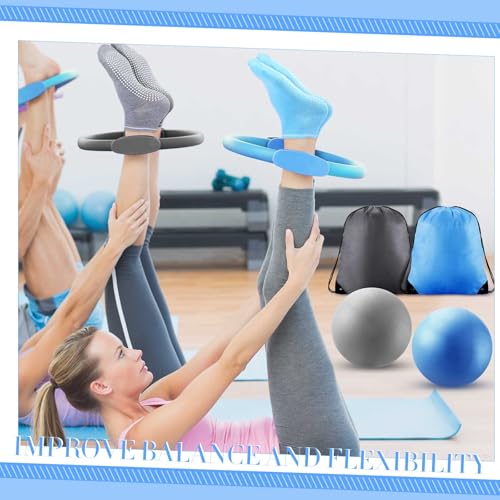 Poen Pilates Equipment Kit for Home Workout Pilates Ring and Ball Set for Women 12'' Circle Yoga Fitness Essentials Kit with Resistance Bands, Yoga Strap, Socks,Bag - color: Blue, Gray