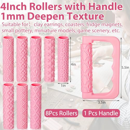 Leriton 9 Pcs Clay Texture Roller Set with Handle, 8-Pattern 3D-Printed Miniature Texture Rollers for Clay, Miniatures, Tabletop, Pottery (Floral) - style: Floral