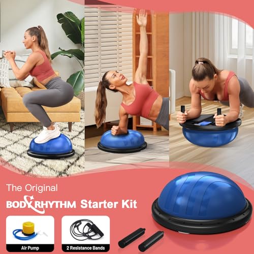 BODYRHYTHM 2 in 1 Balance Ball & Plank Board Trainer with Free iOS/Android App & 4 Free Games for Full Body Workout - Half Exercise Yoga Ball Trainer with 2 Bands & Pump for Strength Training - color: Blue