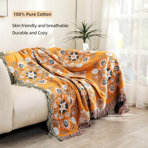 VANJOROY Boho Throw Blanket, 100% Cotton Soft King Yellow Throw for Bed-Floral Farmhouse Decor Blanket, Reversible Bohemian Throw for Sofa Chair Couch Quilt and Gift, 91" x 98" - color: Flower-art, size: King (91" X 98")