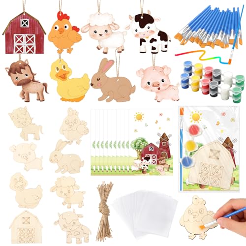 24 Pcs Farm Animals Party Favors Wooden Paint Craft Kits | Farm Theme Birthday DIY Activity, Animal Shapes with Barn,Organza Bags for Goodie Bag Fillers - style: Farm Animal