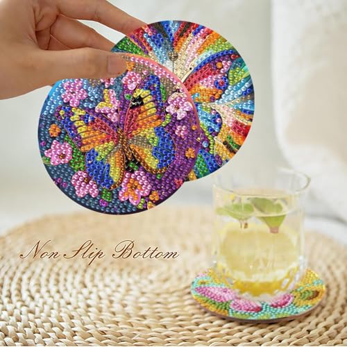 Mrnsiet 8PCS Butterfly Diamond Art Coasters Kits with Holder, DIY Butterfly Diamond Painting Coasters for Adults, Non Slip Mosaic Dot Painting Coaster with Cork Pads for Beginners 4x4 Inch - color: BDWY420-US