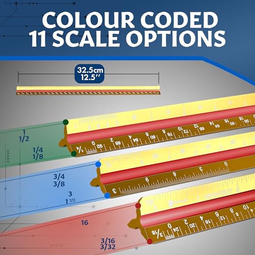 Stylo Architectural Scale Ruler, 12 Inch Aluminum, Yellow Imperial | Laser Etched Triangular Drafting Scale, Color Coded Grooves, for Blueprints and Floor Plans, Cloth Pouch Included - color: Yellow, size: 12 inch (Imperial)
