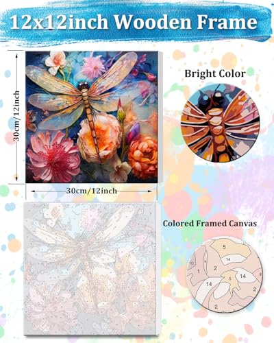 TOCARE Framed Paint by Numbers Kit for Adults Beginners,12x12inch Dragonfly Paint by Number with Frame,Flowers Paint by Numbers Framed Canvas(Without Easel) - color: TC-F-225