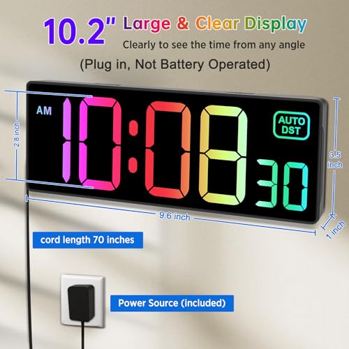 Soobest Digital Wall Clock, Remote Control Electric Timer Seconds for Gym | 8 RGB Colors, Auto DST, Corded Plug in Large Display 5 Dimmer, Living Room Office Classroom Countdown (10.2" Multicolor) - color: 10.2“ Multicolor