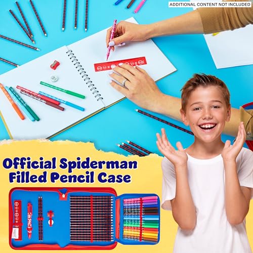 Marvel Spiderman Pencil Case with Colored Pencils Markers School Supplies Set Pen Holder Stationery Art Kit Gifts for Boys (Blue)