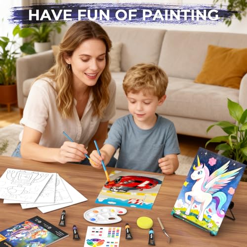 Nicpro 34PCS Kids Painting Set with Pattern Canvas for Beginner Students | 12 Acrylic Paints, 10 Brushes, 6 Canvas Panels, Table Easel, Paper Pad, Color Wheel, Palette, Art Painting Supplies Kit - color: 12 Colors